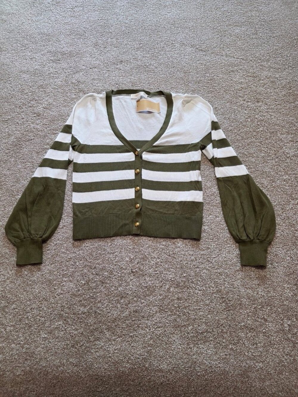 Michael Kors Olive White Cardigan Striped Balloon Sleeve Sweater Women’s XS